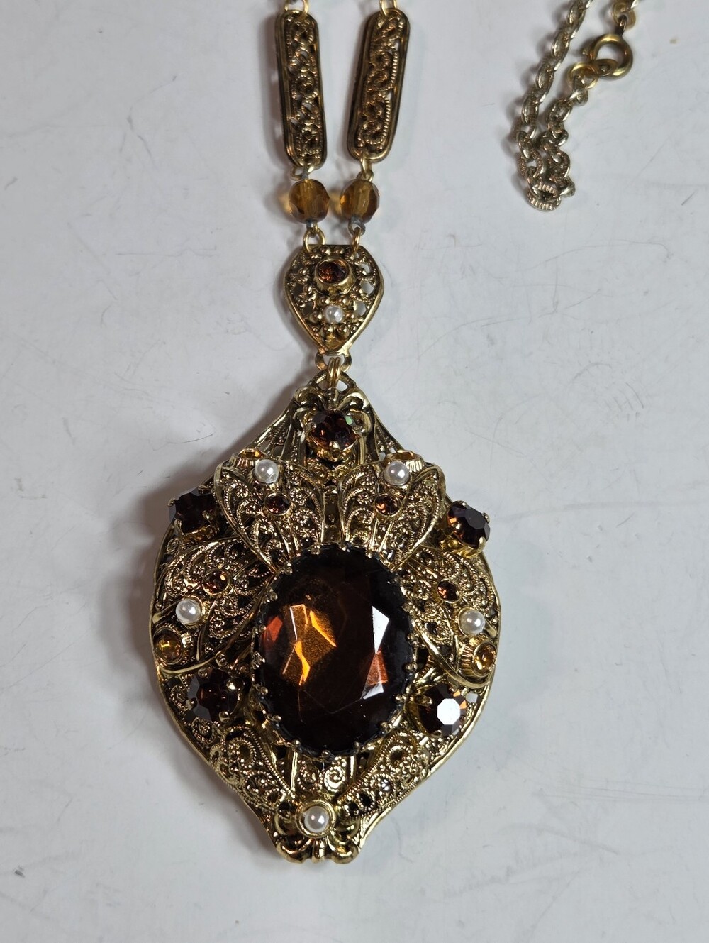 vtg west germany smokey topaz pearl necklace edwardian gold tone 26in ornate